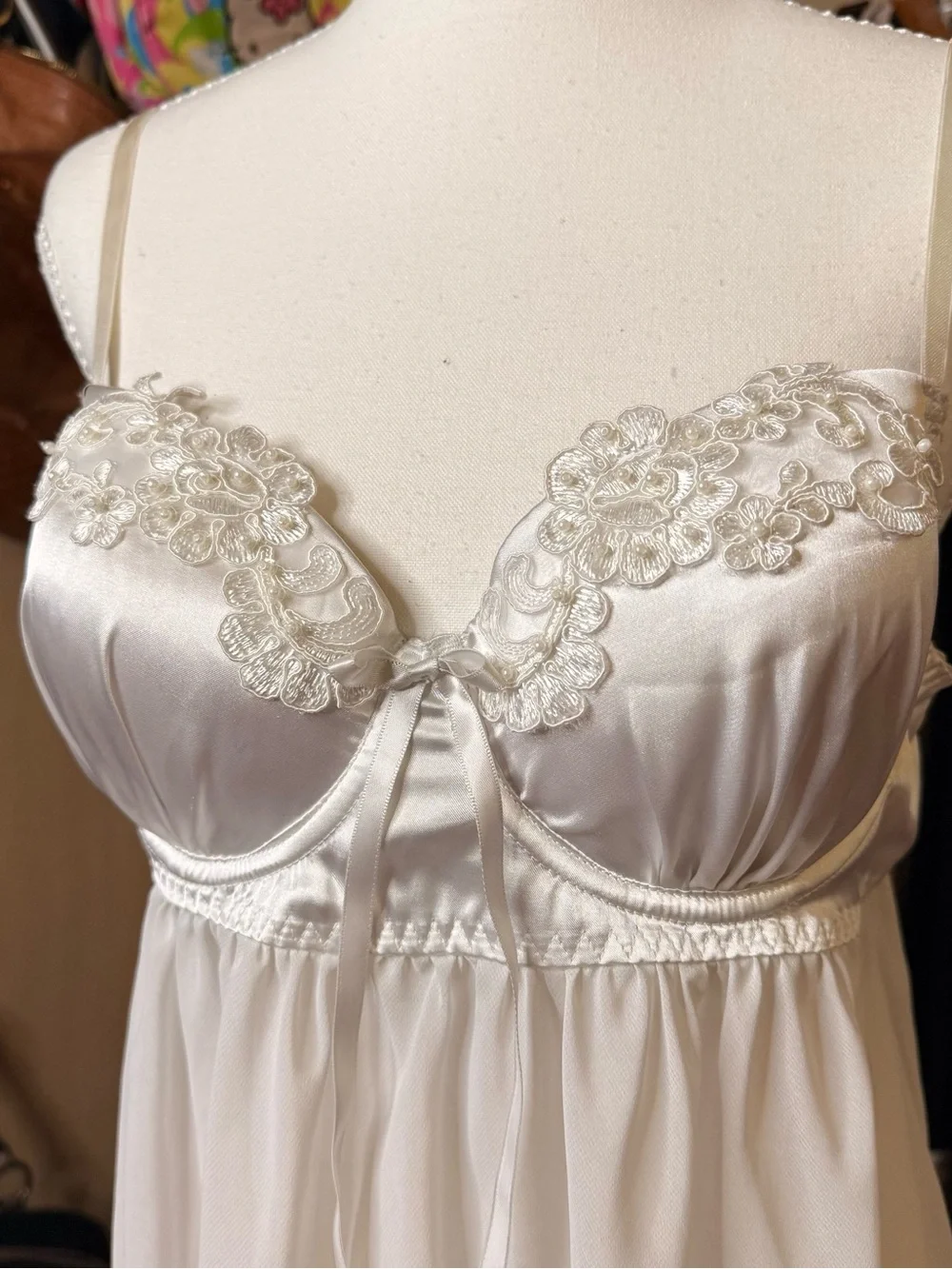 Linea Donatella Ivory Lace-Trim Satin & Chiffon Chemise